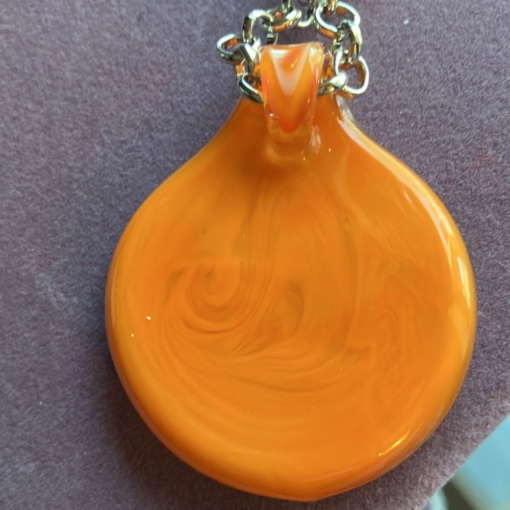 Murano Blown Glass Orange Round Pendant on 18” Silver Tone Link Chain - Picture 3 of 4